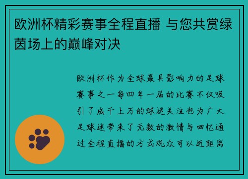 欧洲杯精彩赛事全程直播 与您共赏绿茵场上的巅峰对决 欧洲杯精彩赛事全程直播 与您共赏绿茵场上的巅峰对决