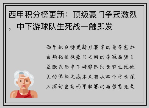 西甲积分榜更新:顶级豪门争冠激烈,中下游球队生死战一触即发 西甲积分榜更新:顶级豪门争冠激烈,中下游球队生死战一触即发